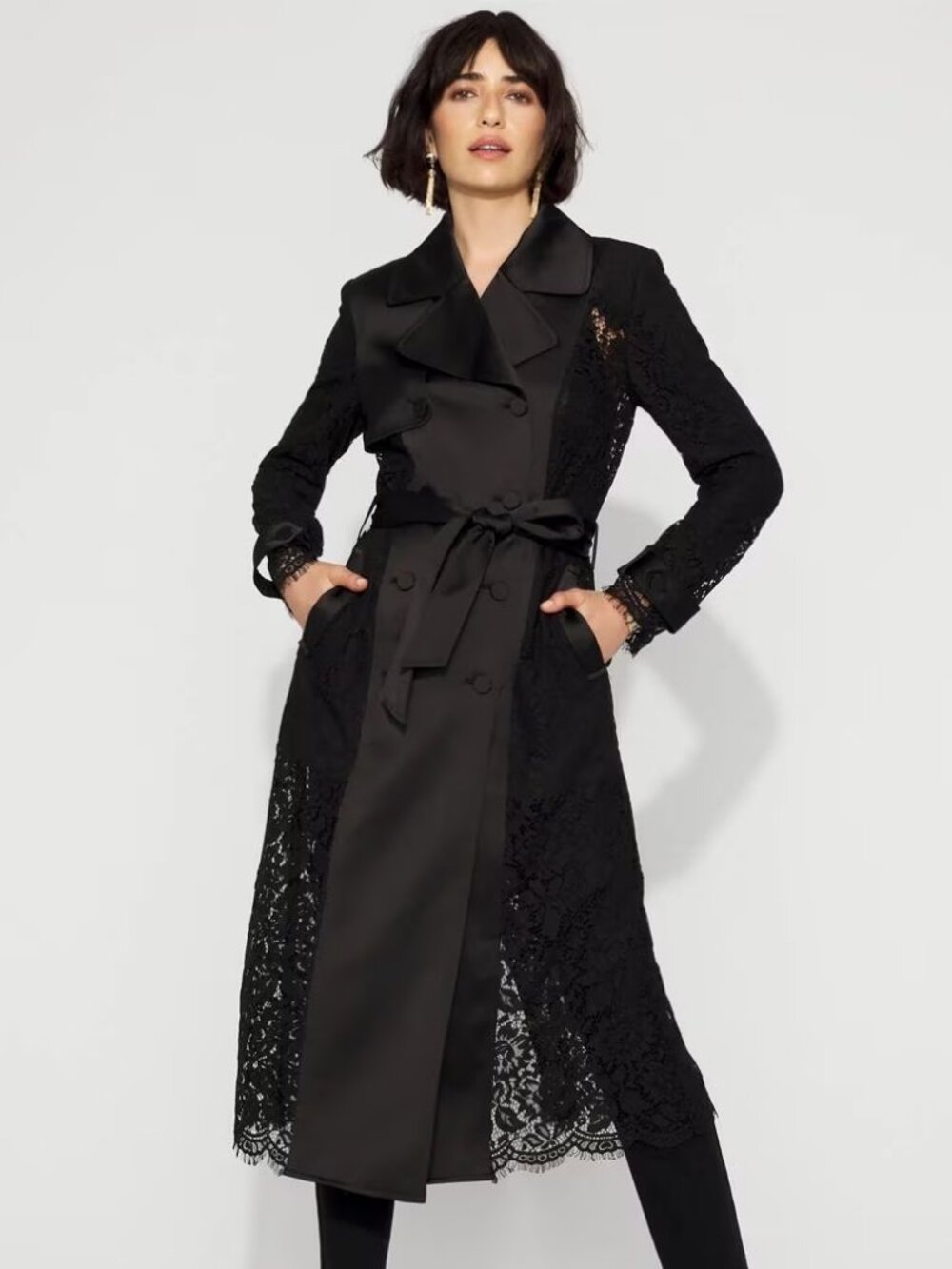WHBM $280 Satin Lace Trench Coat Duster Midi Jacket Black 6 10